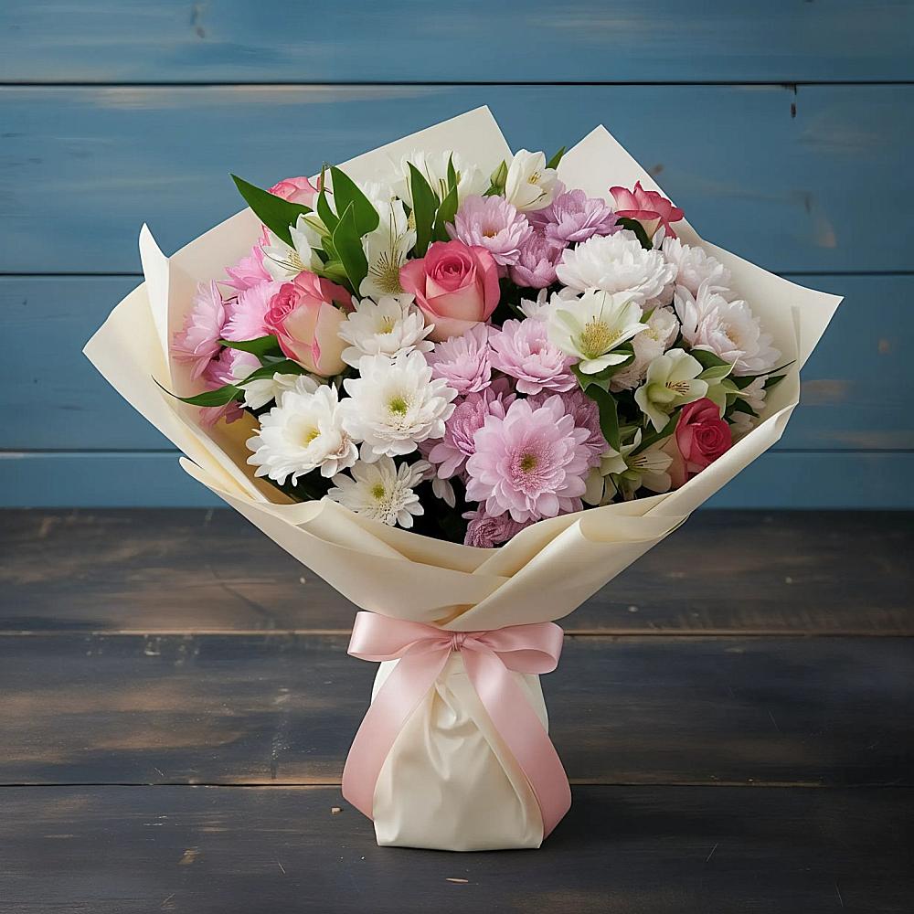 Букет цветов из: Хризантемы, Альстромерии и Розы в Москве